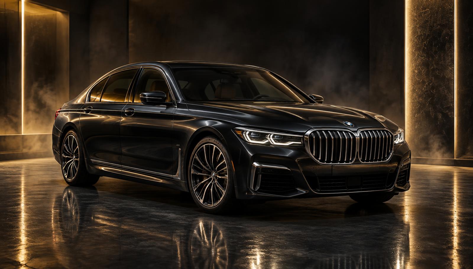 Berlina oscura en un estudio con luces doradas y suelo reflectante